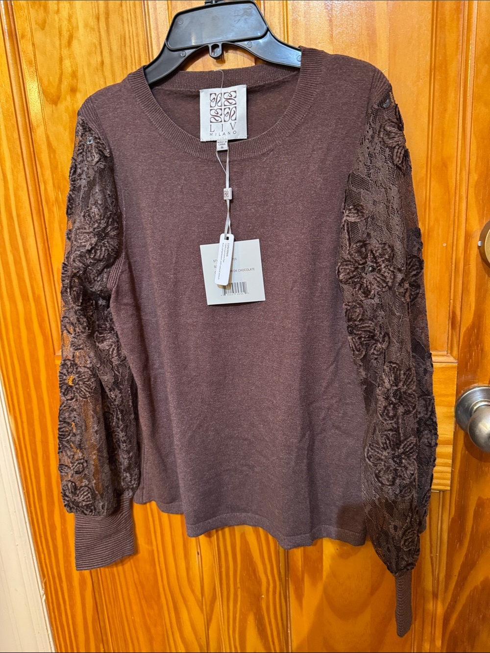 Liv Milano Chocolate Brown Lace-Sleeve Knit Pullover